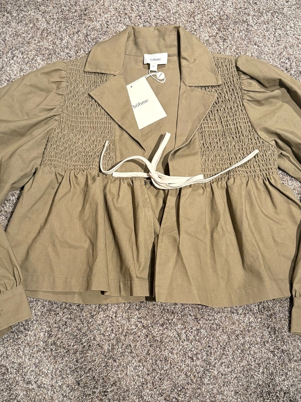 bohme Olive Smocked Tie-Front Jacket